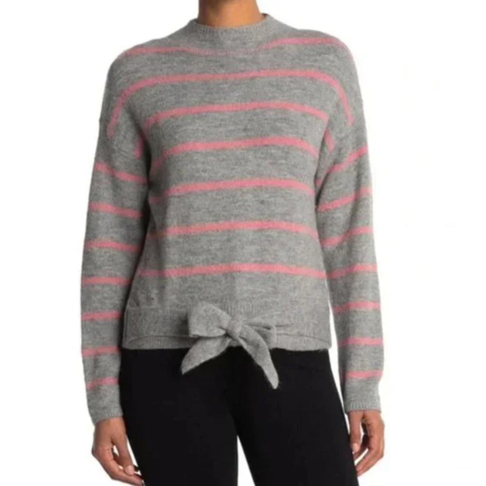 WAYF Sweater Womens S Small Gray Pink Stripe Knit Mock Neck Tie Waist Wool Blend